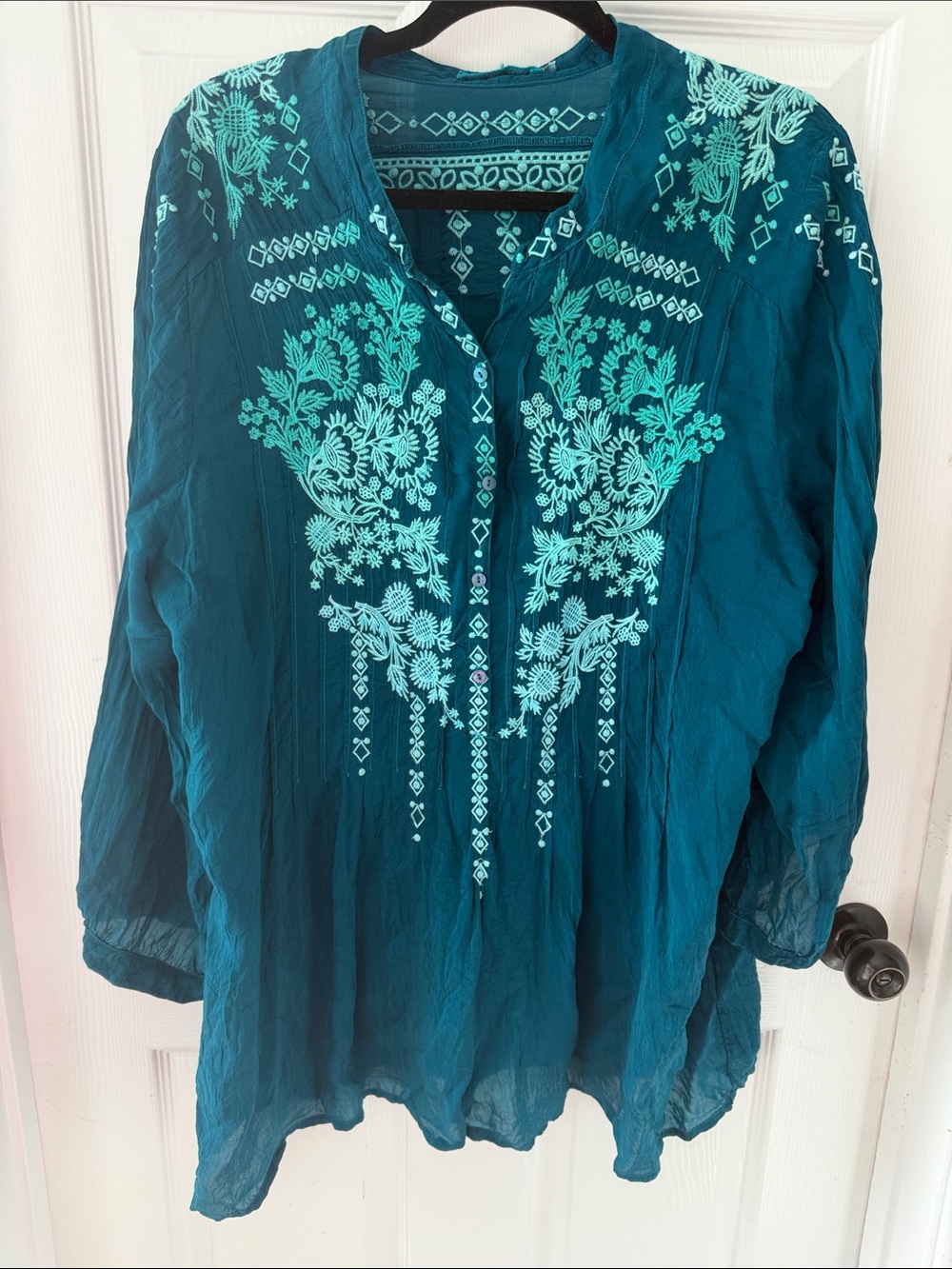 Johnny Was Teal Tunic with Mint Floral Embroidery